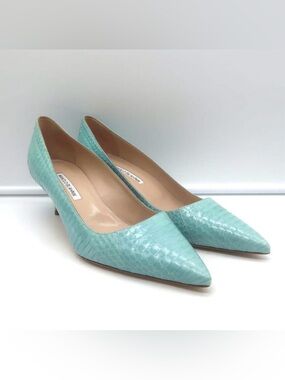 Manolo Blahnik Teal Faux-Snakeskin Pointed-Toe Mid Kitten Heels